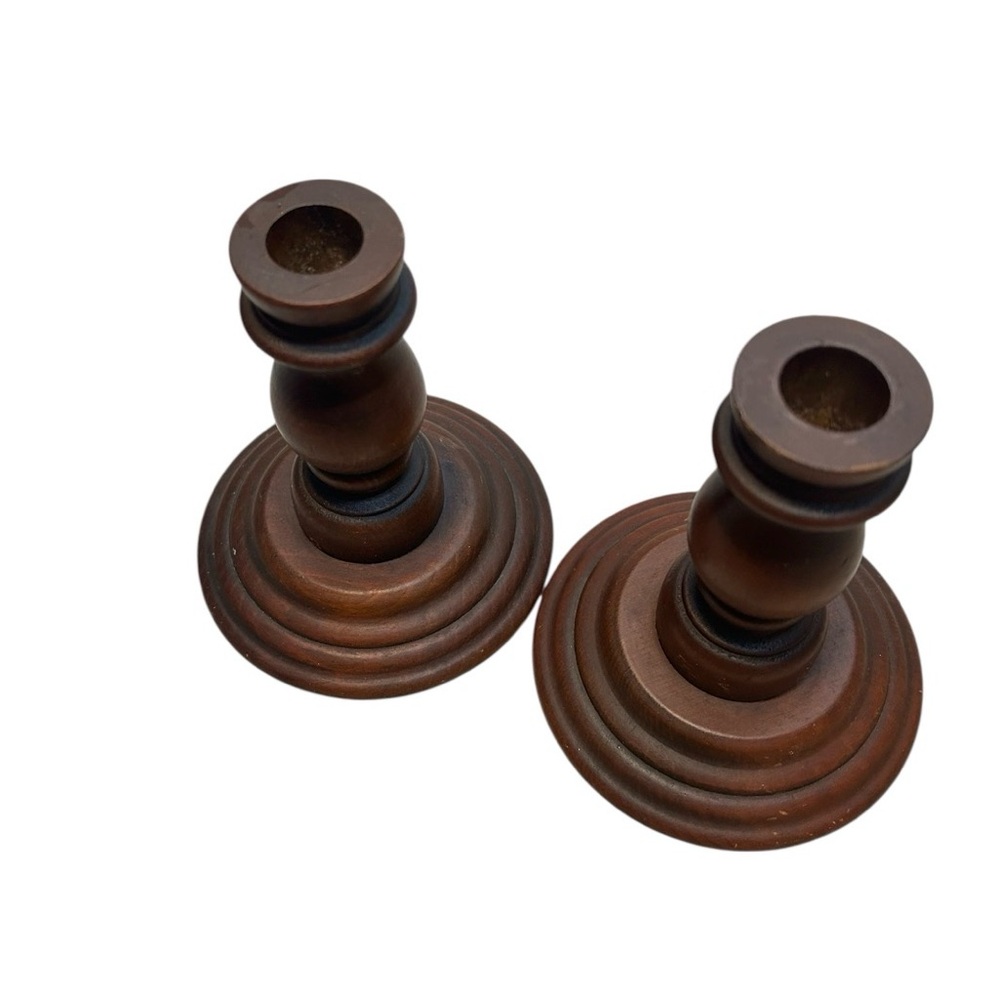 Vintage Dark Wooden Taper Candle Holders Set Of Two - Picture 5 of 5